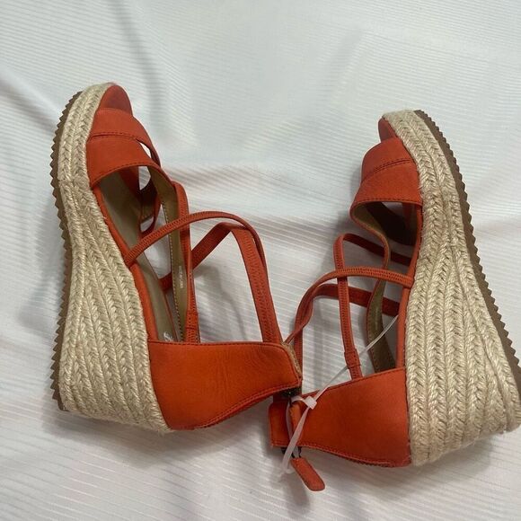Eileen Fisher Wanda Wedge Strappy Sandals Orange Leather Zip Back Size 6 New - Picture 8 of 9